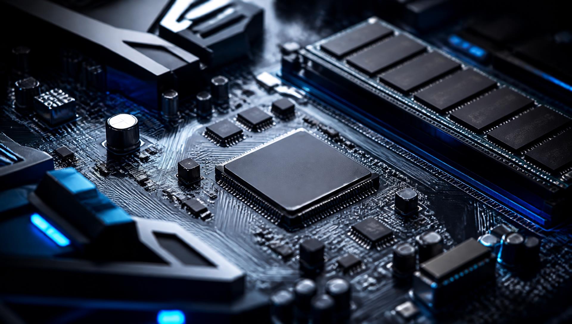 Close-up of a circuit board with a processor and memory module